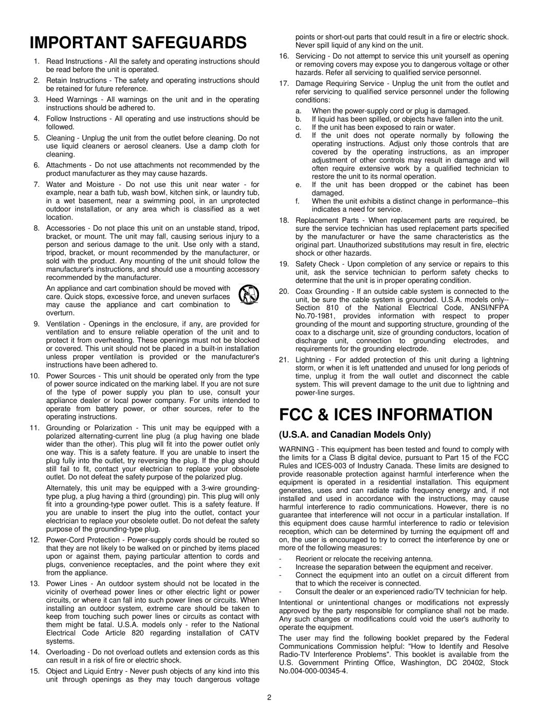 Burley TC700 Series user manual Important Safeguards, FCC & Ices Information, A. and Canadian Models Only 