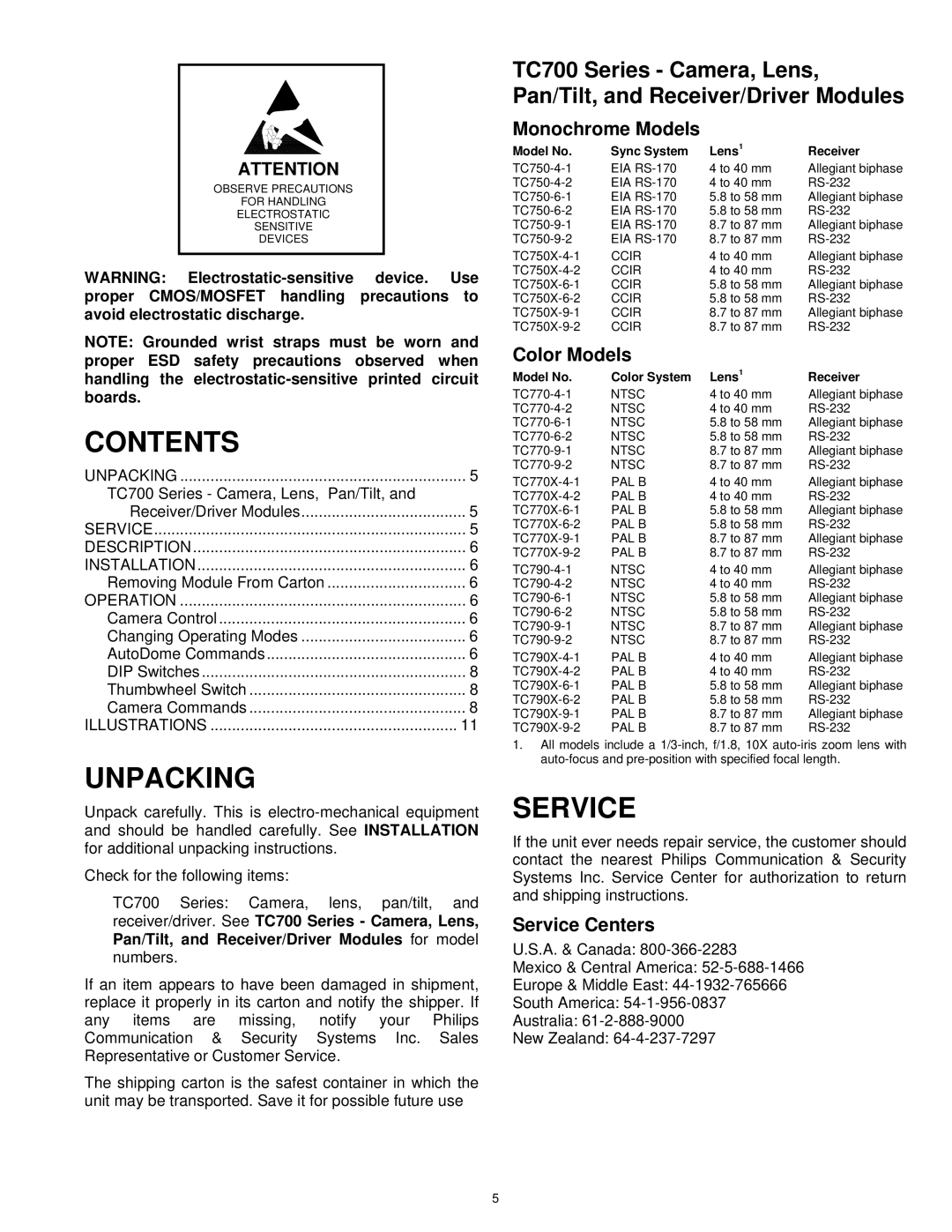 Burley TC700 Series user manual Contents, Unpacking, Service 