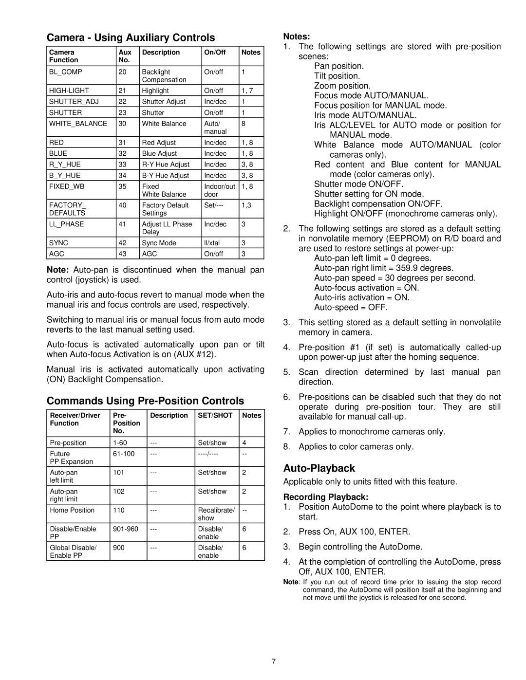 Burley TC700 Series user manual Camera Using Auxiliary Controls, Commands Using Pre-Position Controls, Auto-Playback 