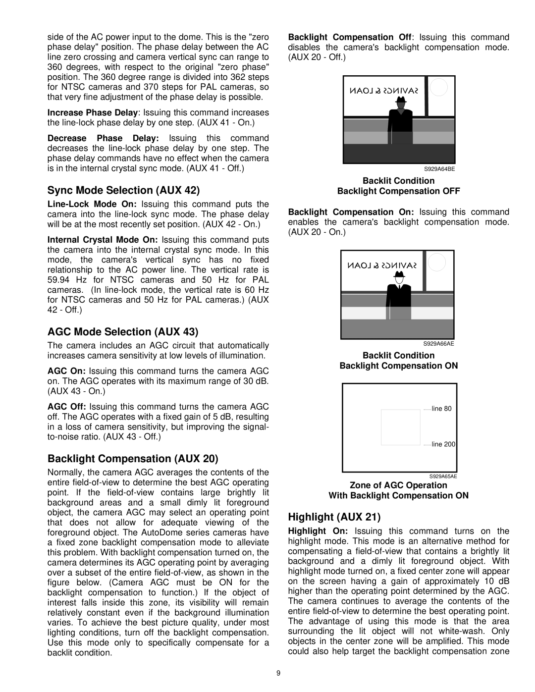 Burley TC700 Series user manual Sync Mode Selection AUX, AGC Mode Selection AUX, Backlight Compensation AUX, Highlight AUX 