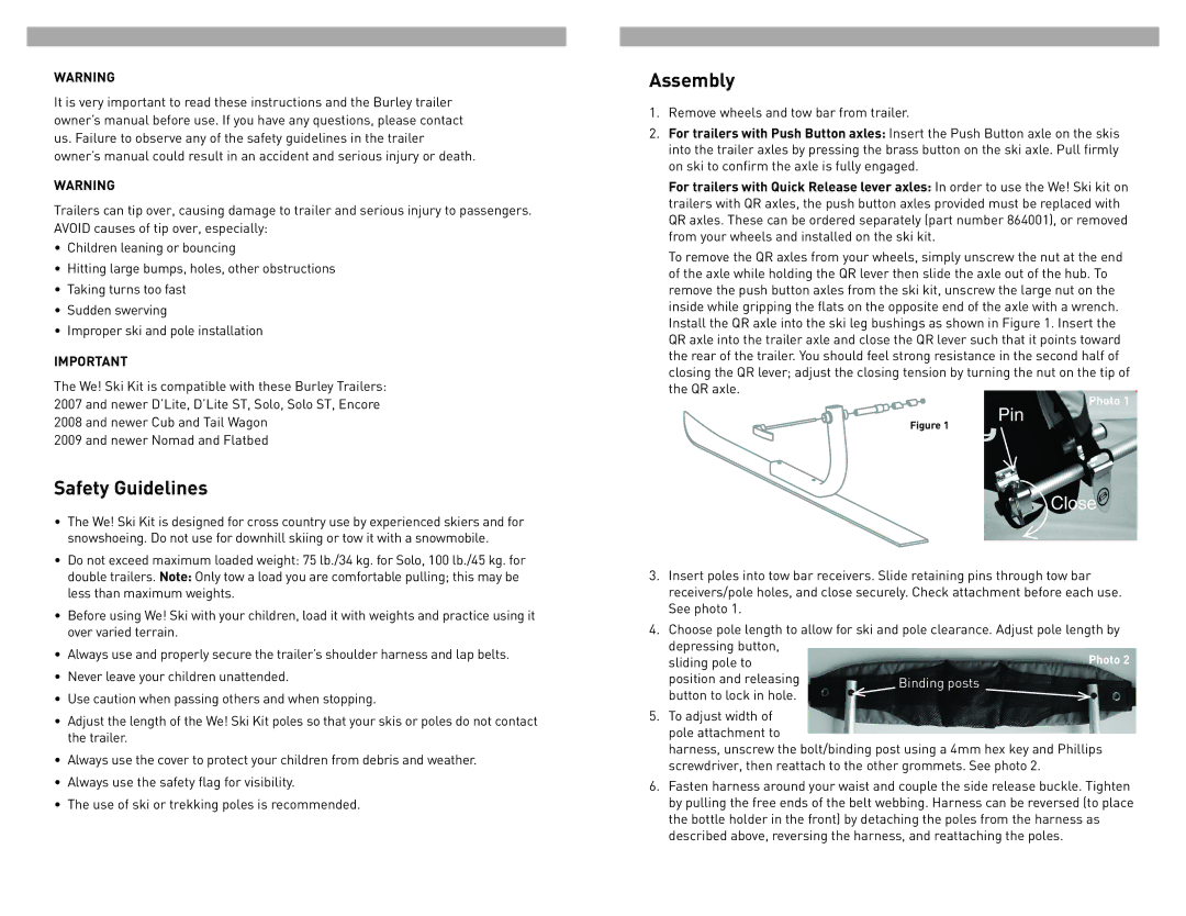 Burley We! Ski Kit instruction manual Safety Guidelines, Assembly 