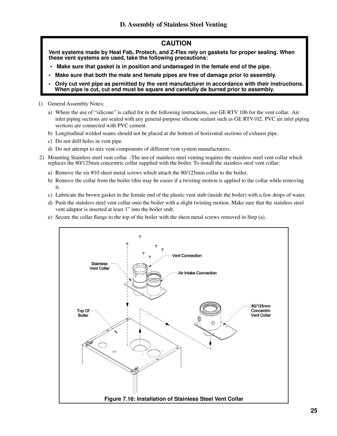 Burnham 101008-01R1-2/07 manual Assembly of Stainless Steel Venting, Installation of Stainless Steel Vent Collar 