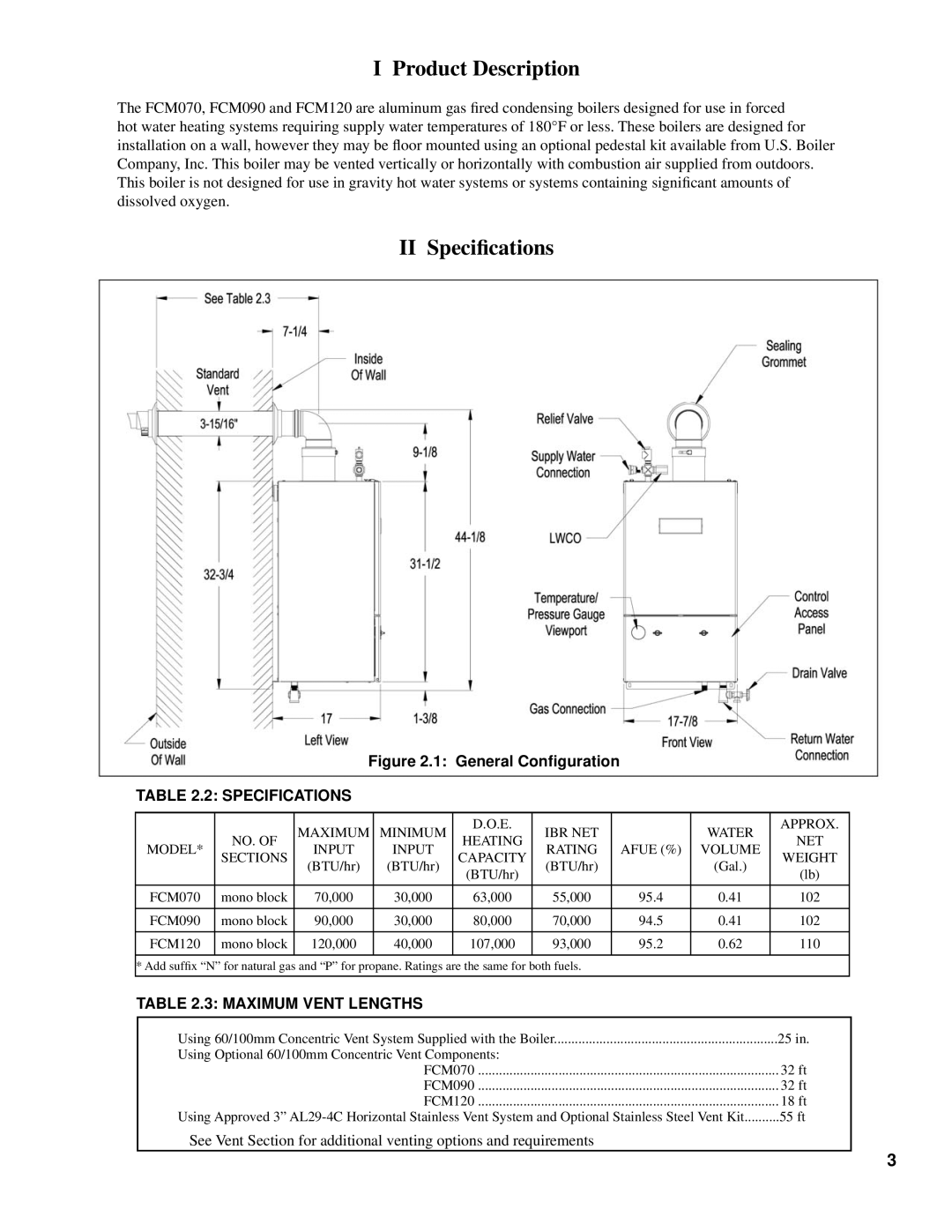 Burnham 101008-01R1-2/07 manual Product Description, II Speciﬁcations, Specifications, Maximum Vent Lengths 