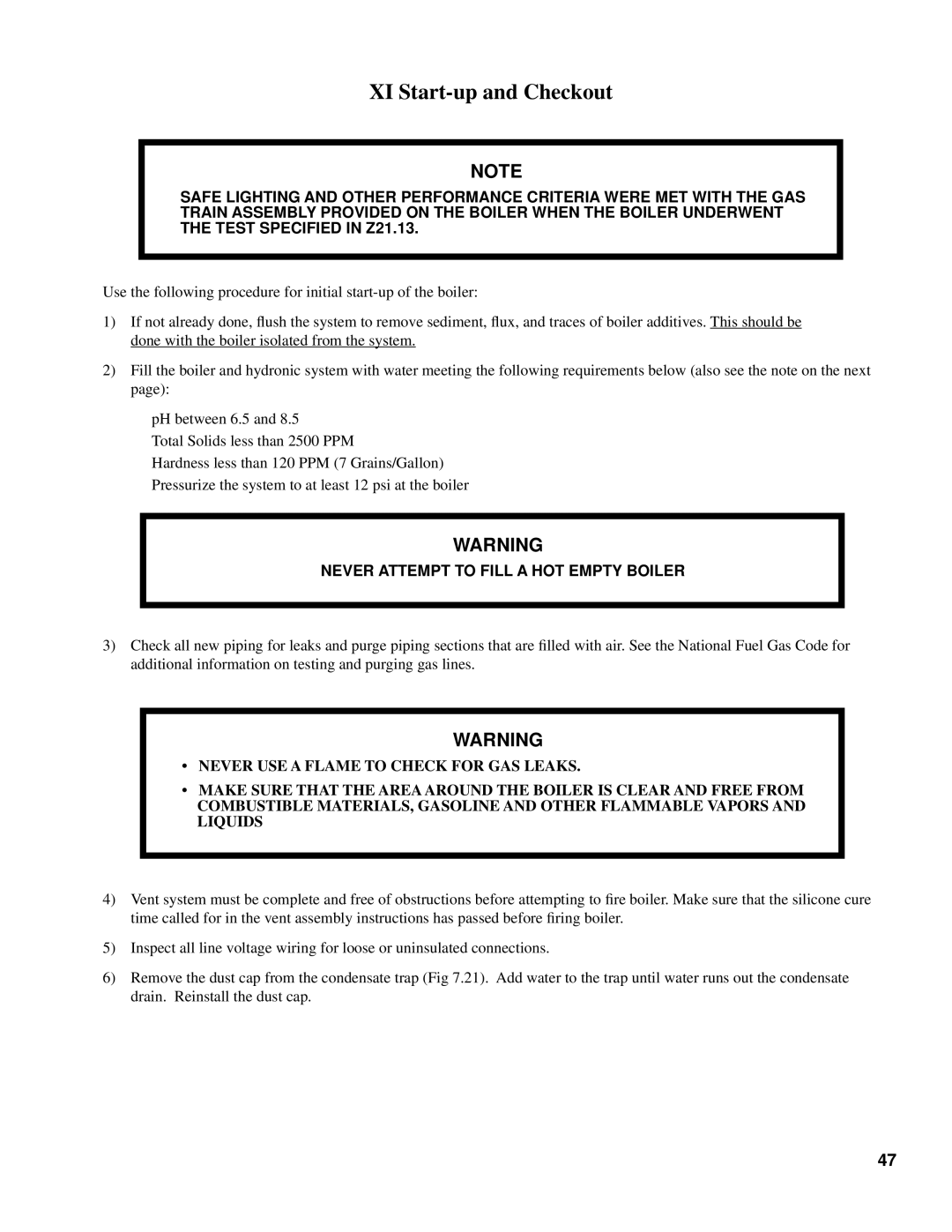 Burnham 101008-01R1-2/07 manual XI Start-up and Checkout, Never Attempt to Fill a HOT Empty Boiler 