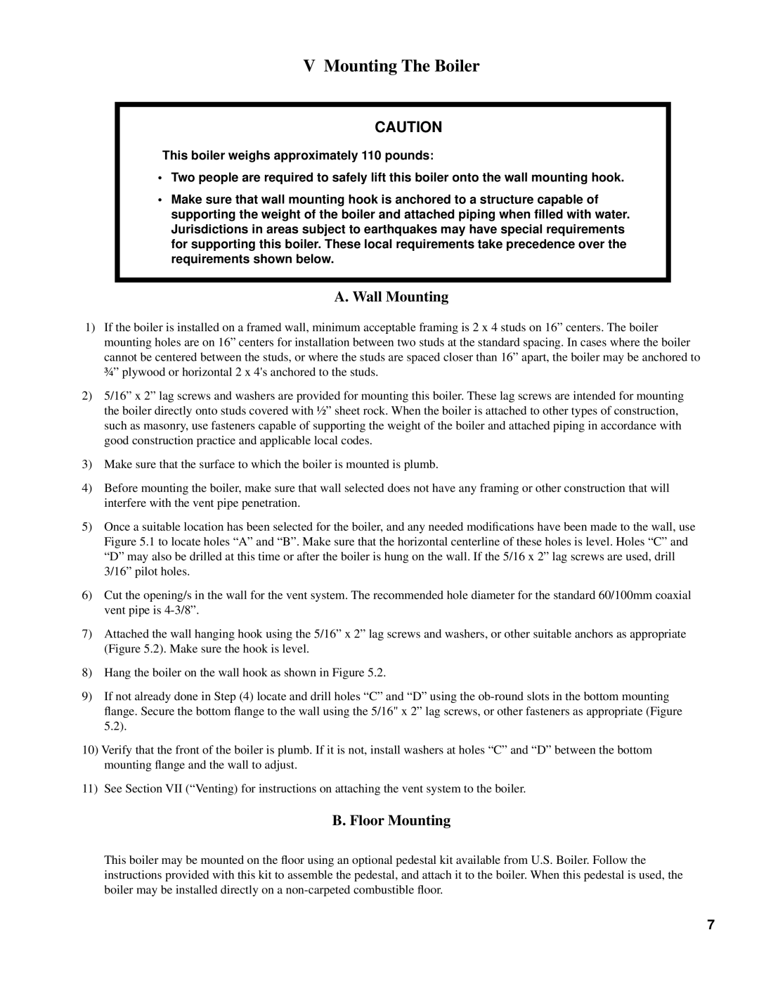 Burnham 101008-01R1-2/07 manual Mounting The Boiler, Wall Mounting, Floor Mounting 