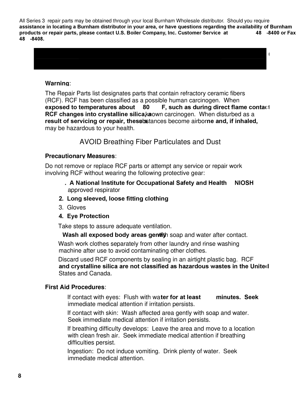 Burnham 1099-01R1-/10 manual Avoid Breathing Fiber Particulates and Dust 