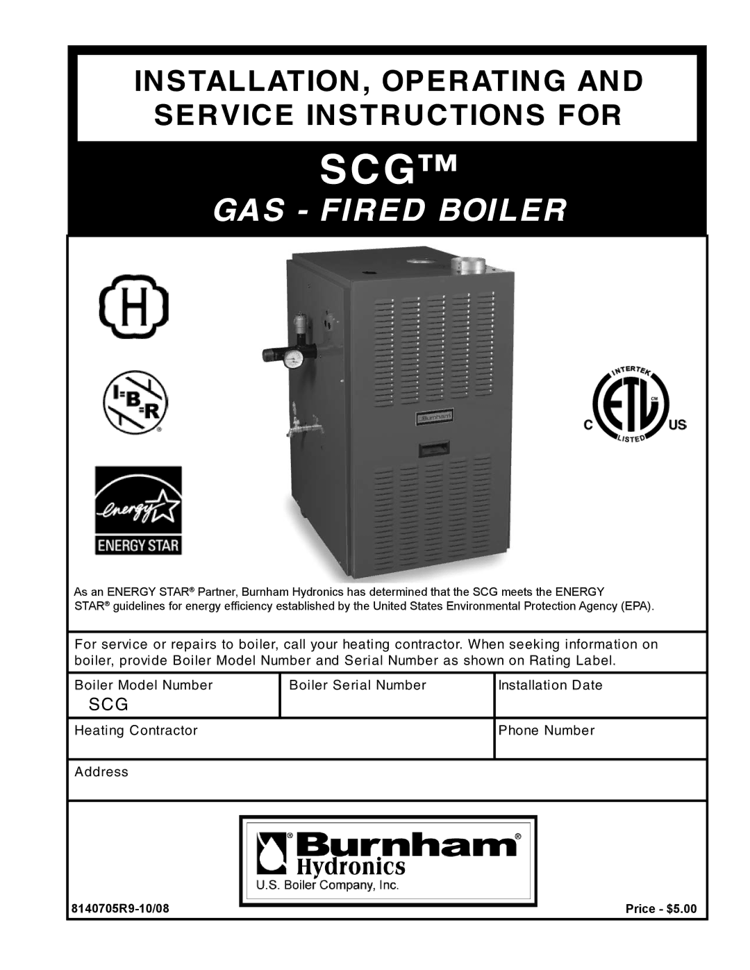 Burnham 1100-H4 manual Scg, 8140705R9-10/08 Price $5.00 