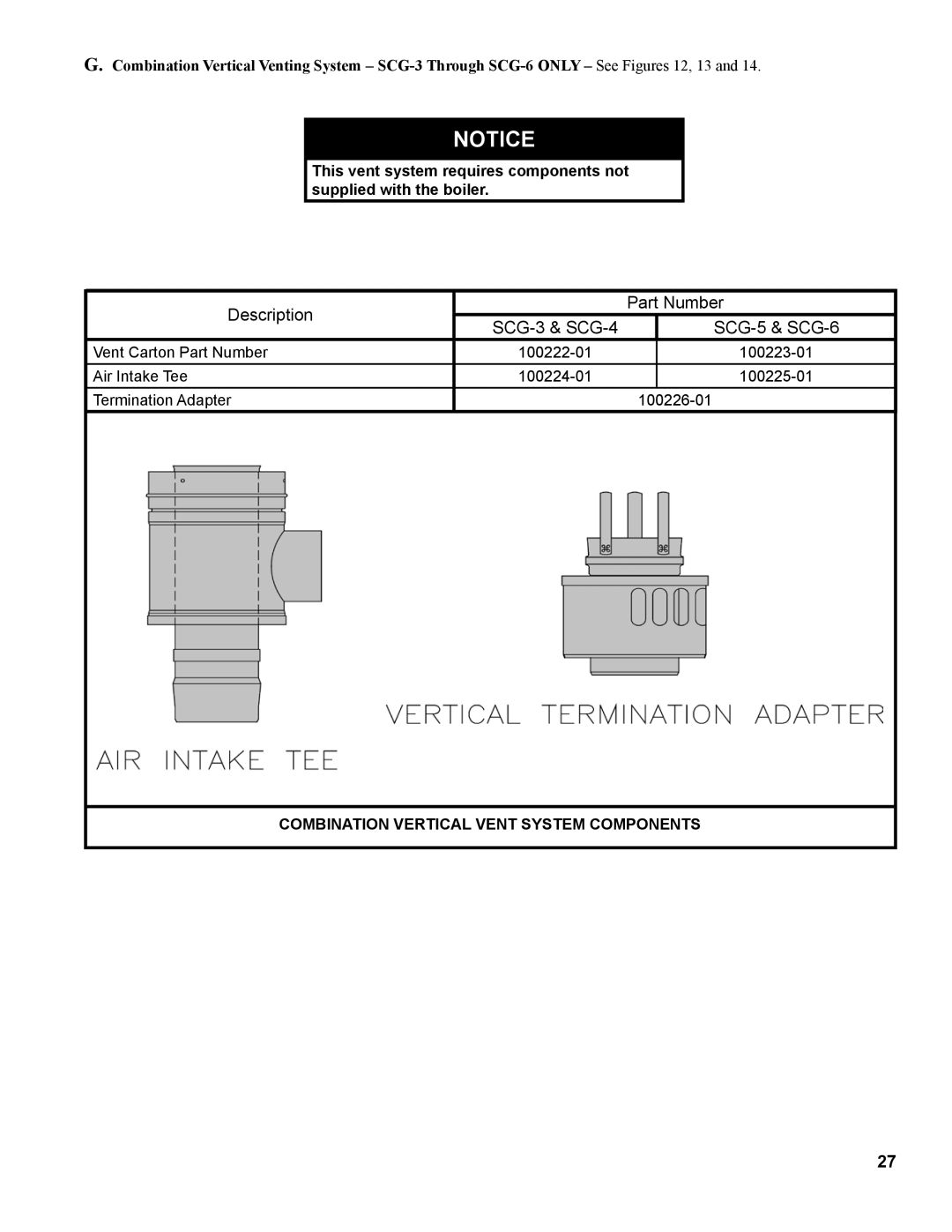 Burnham 1100-H4 manual Description Part Number SCG-3 & SCG-4, Combination Vertical Vent System Components 