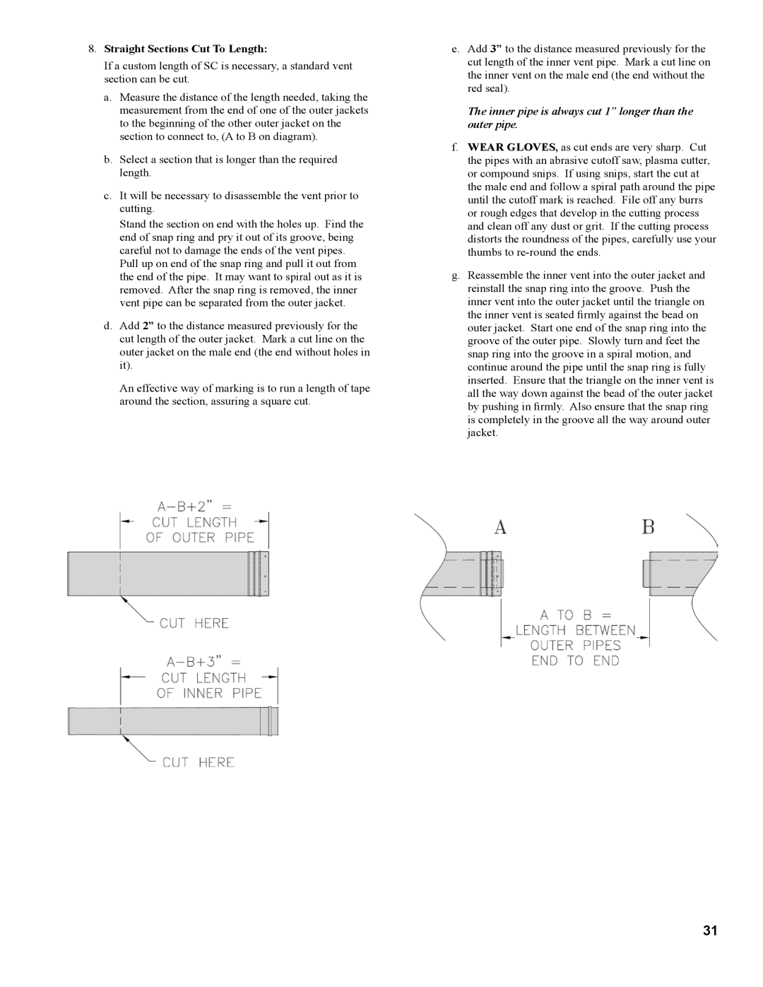 Burnham 1100-H4 manual Inner pipe is always cut 1 longer than the outer pipe 