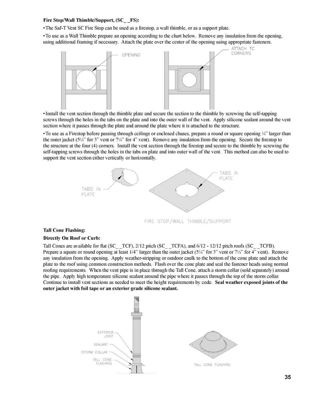 Burnham 1100-H4 manual Fire Stop/Wall Thimble/Support, SC FS, Tall Cone Flashing Directly On Roof or Curb 