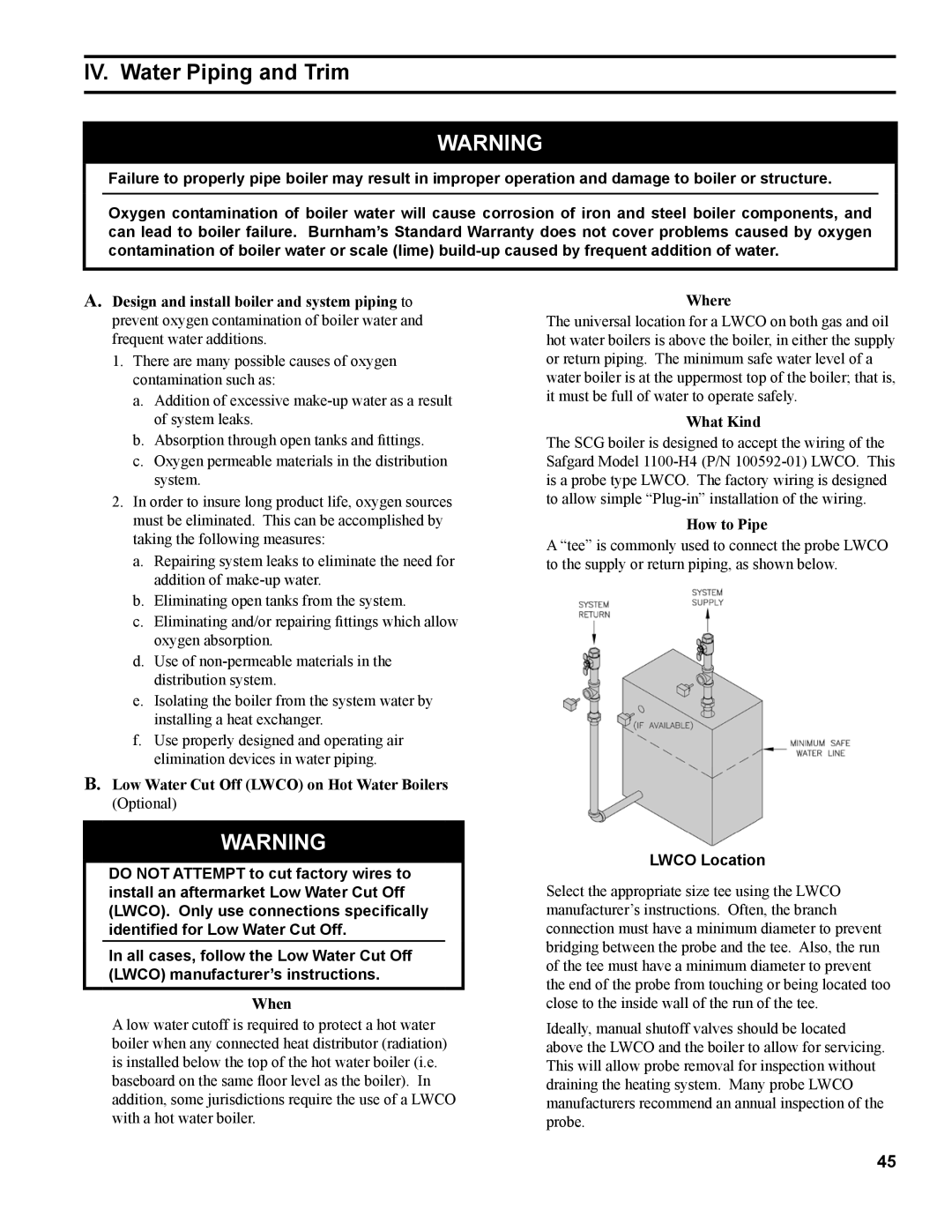 Burnham 1100-H4 manual IV. Water Piping and Trim, Lwco Location 