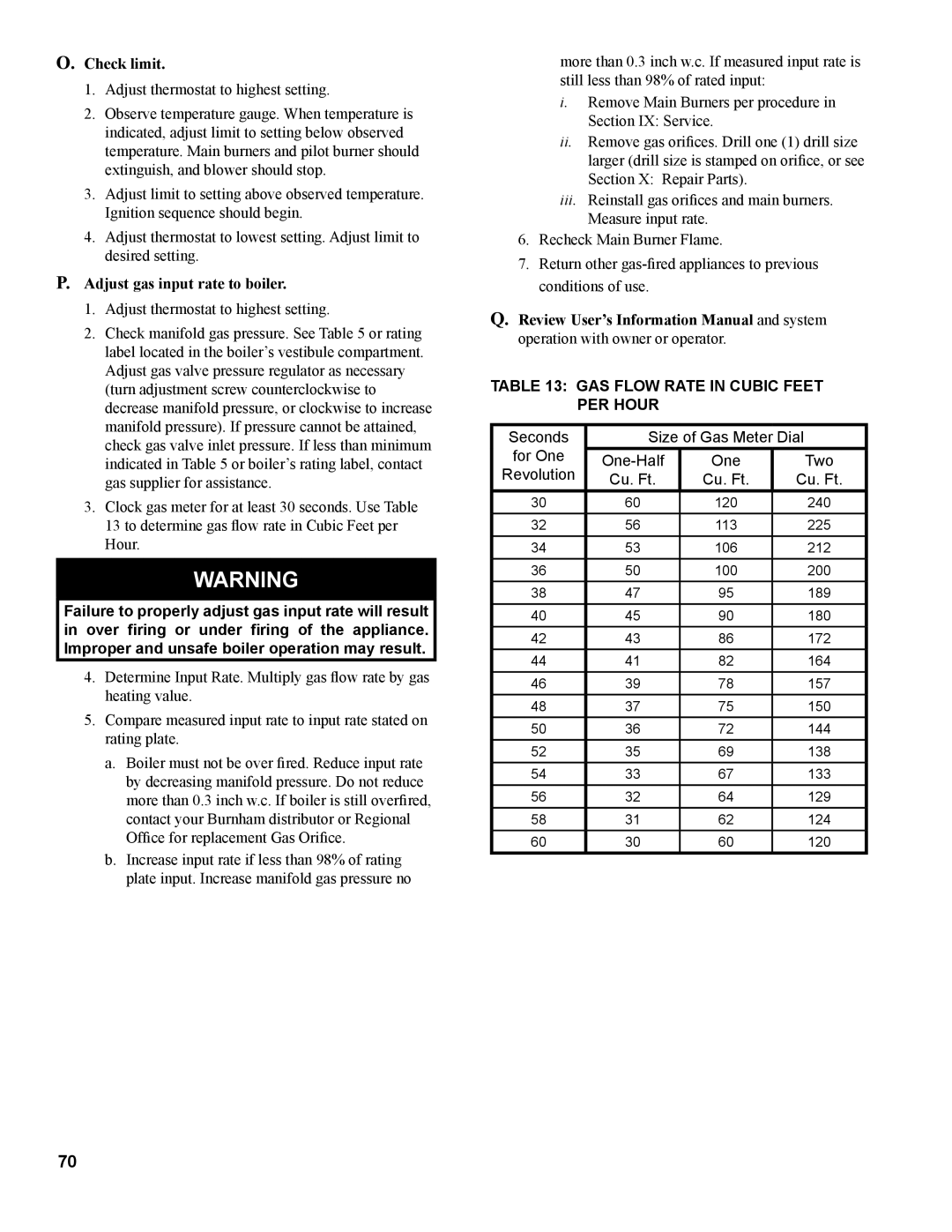 Burnham 1100-H4 manual Check limit, Adjust gas input rate to boiler, Gas Flow Rate in Cubic Feet Per Hour 