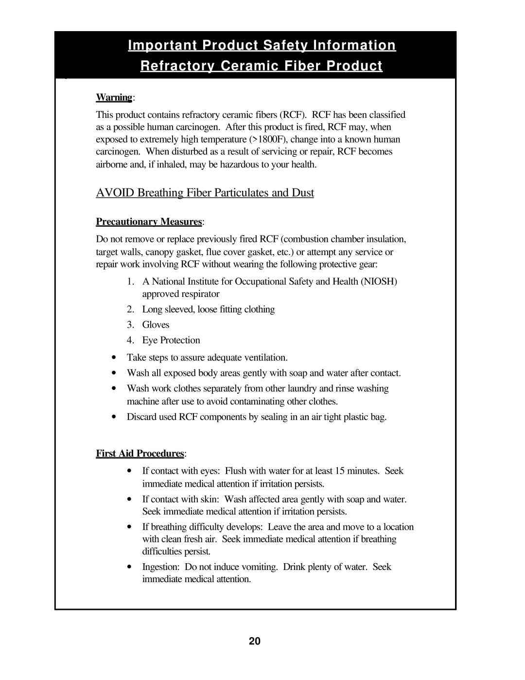 Burnham 20_PV_I manual Avoid Breathing Fiber Particulates and Dust 