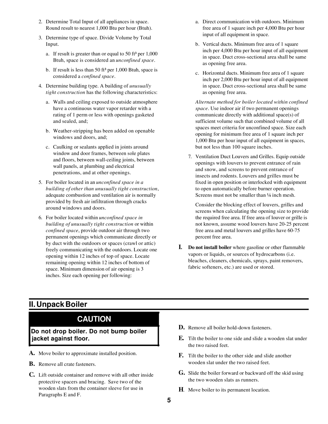 Burnham 20_PV_I manual II. Unpack Boiler, Alternate method for boiler located within confined 