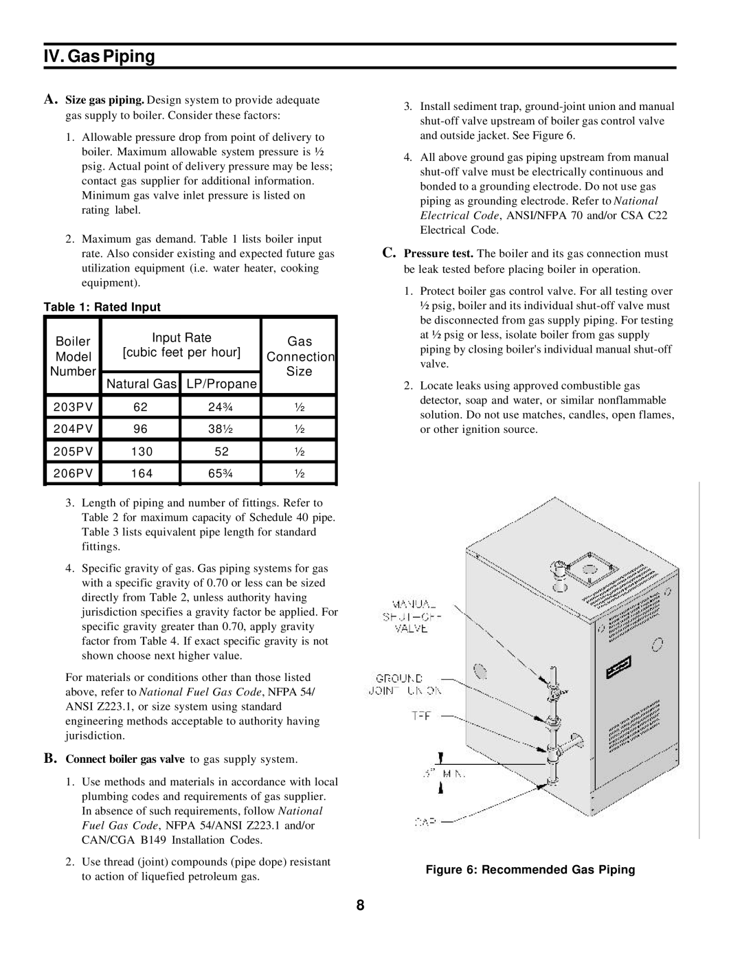 Burnham 20_PV_I manual IV. Gas Piping, Rated Input, Connect boiler gas valve to gas supply system 