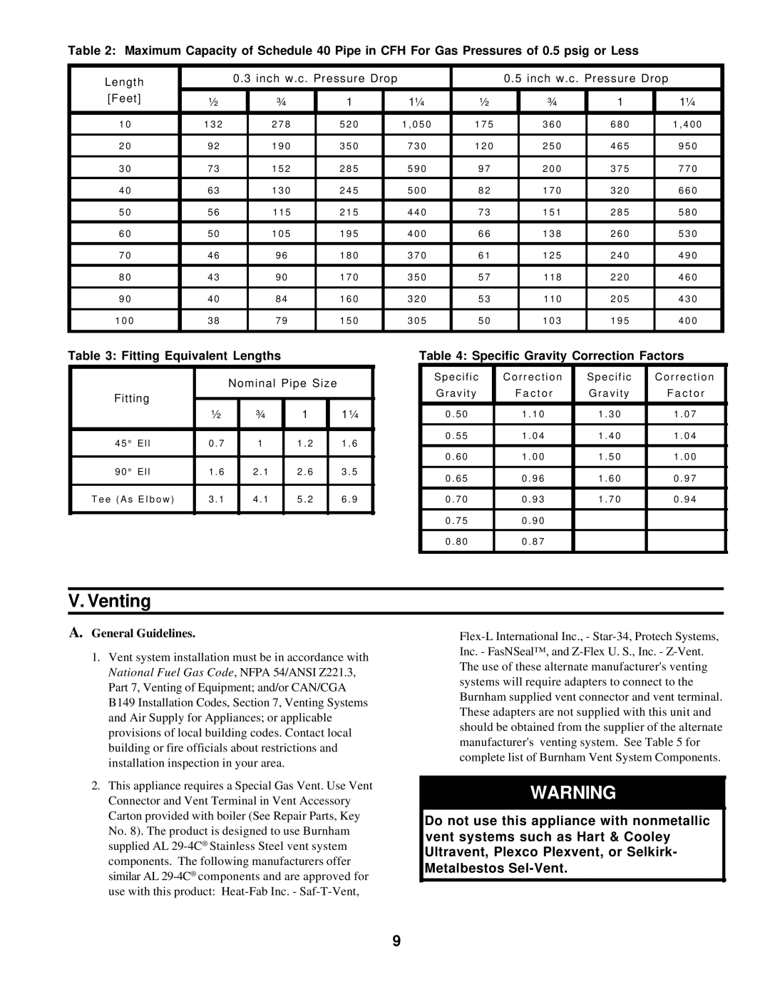 Burnham 20_PV_I manual Venting, Fitting Equivalent Lengths, Specific Gravity Correction Factors, General Guidelines 