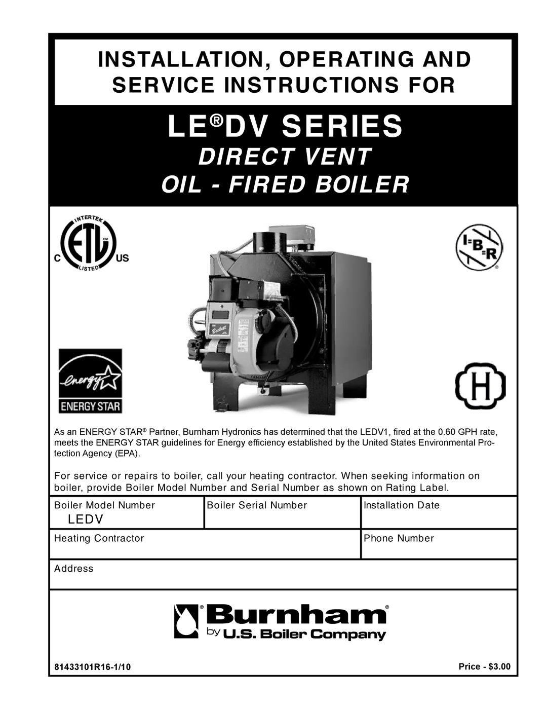 Burnham manual Ledv Series, 81433101R16-1/10 Price $3.00 