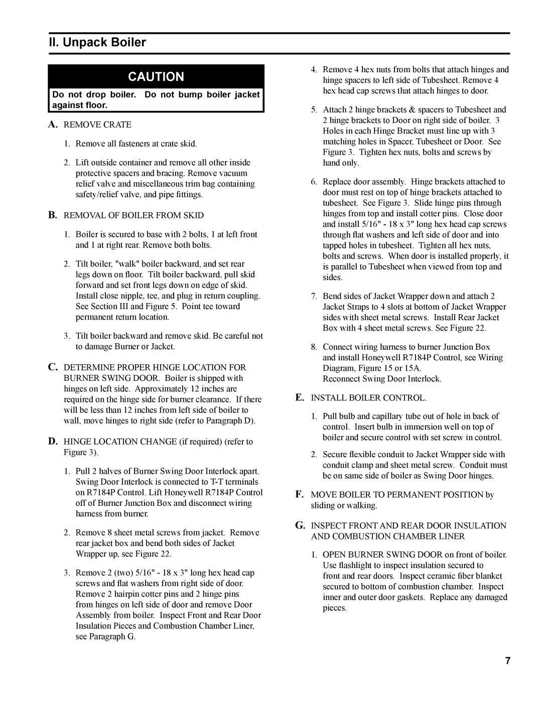 Burnham 81433101R16-1/10 manual II. Unpack Boiler, Do not drop boiler. Do not bump boiler jacket, Against floor 