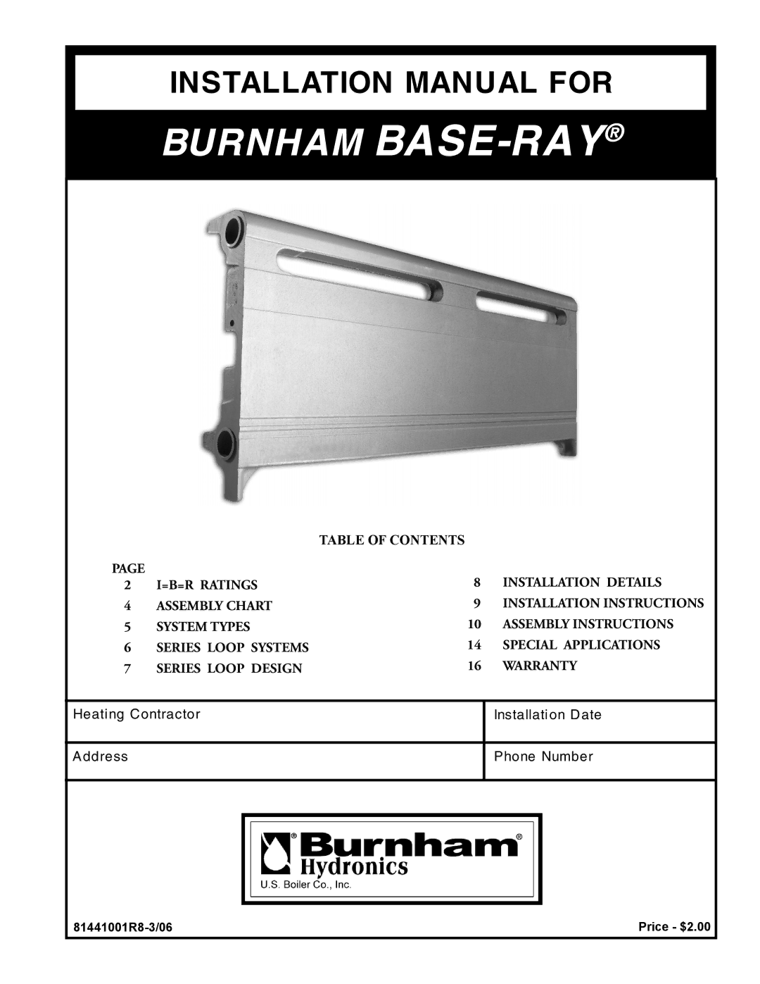 Burnham 81441001R8-3/06 installation instructions Burnham BASE-RAY 