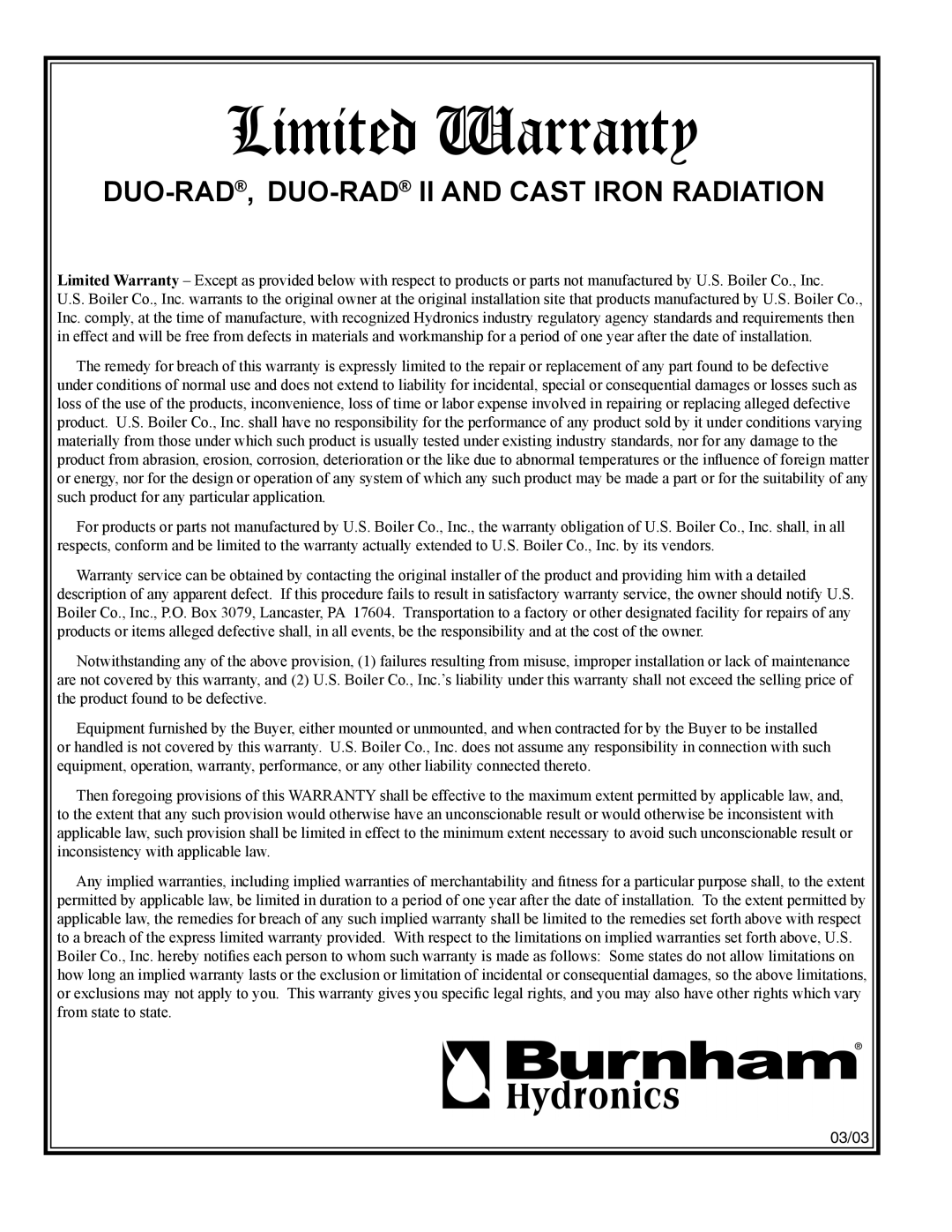 Burnham 81441001R8-3/06 installation instructions Limited Warranty 