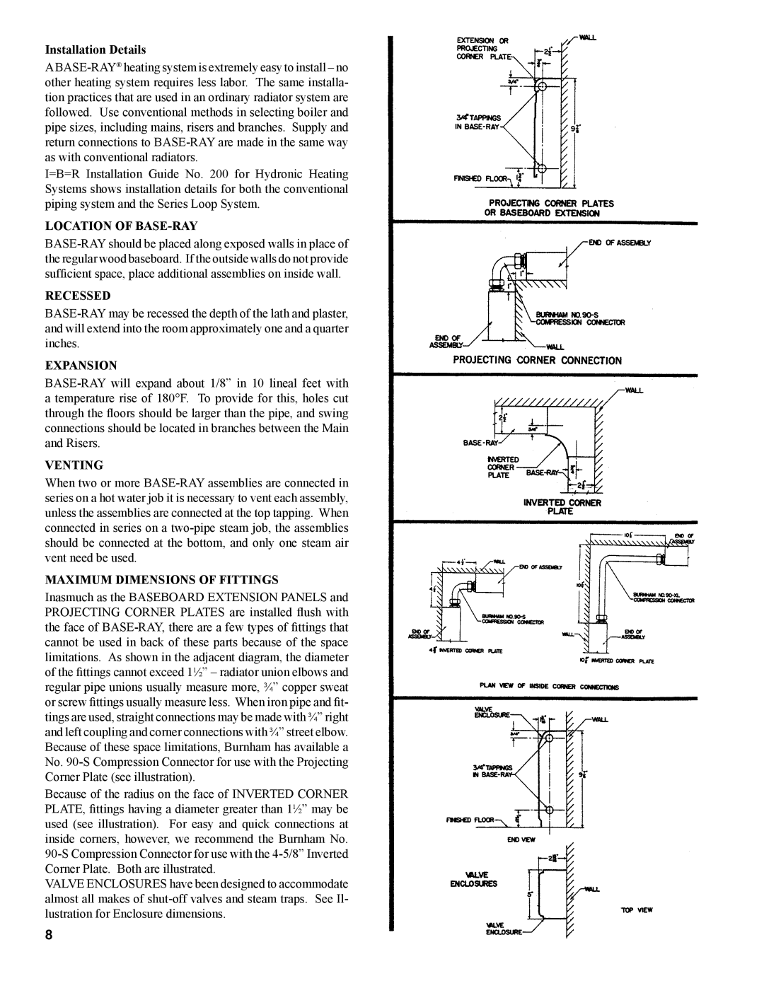 Burnham 81441001R8-3/06 Location of BASE-RAY, Recessed, Expansion, Venting, Maximum Dimensions of Fittings 