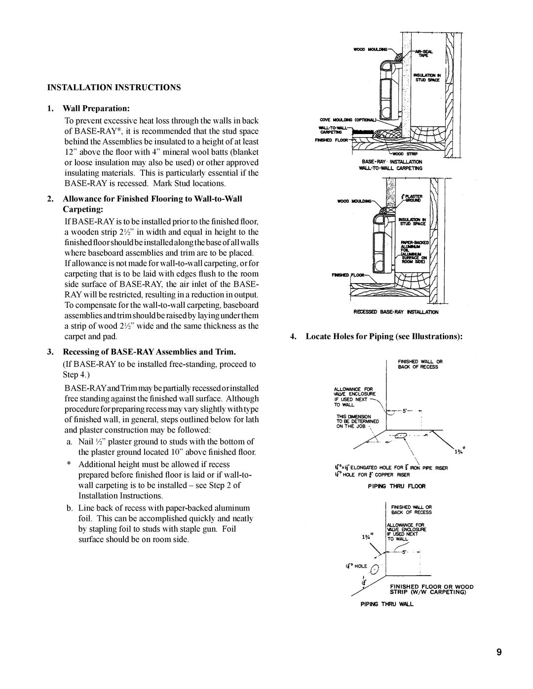 Burnham 81441001R8-3/06 Installation Instructions, Wall Preparation, Recessing of BASE-RAY Assemblies and Trim 