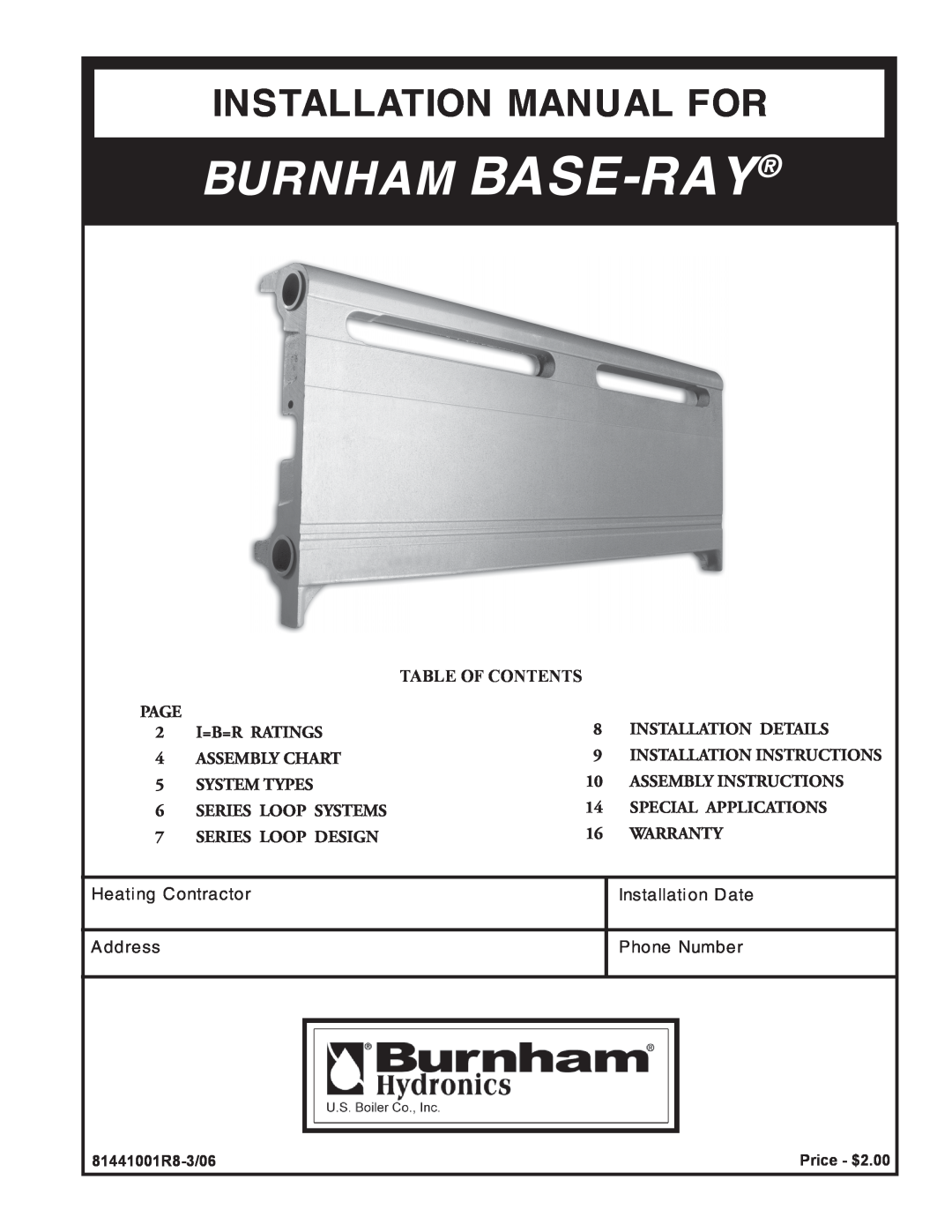 Burnham 81441001R8-3/06 installation instructions Burnham Base-Ray, Installation Manual For 