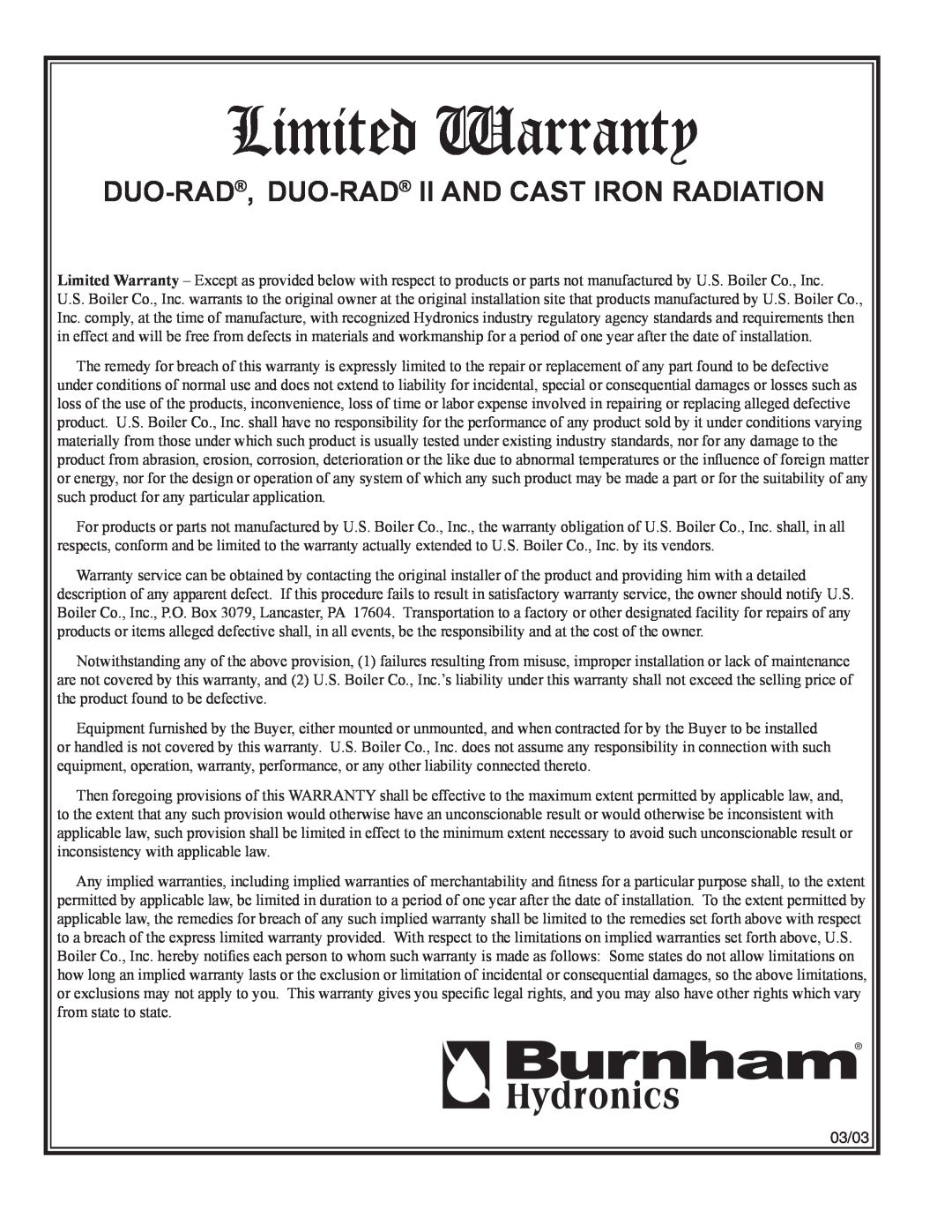 Burnham 81441001R8-3/06 installation instructions Limited Warranty, Duo-Rad, Duo-Rad Ii And Cast Iron Radiation 