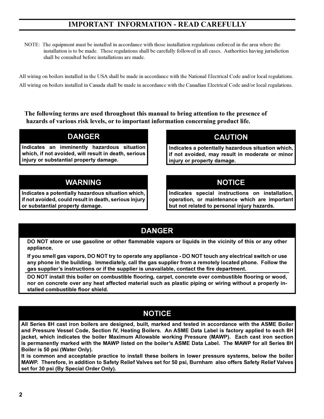 Burnham 8H manual Important Information Read Carefully 