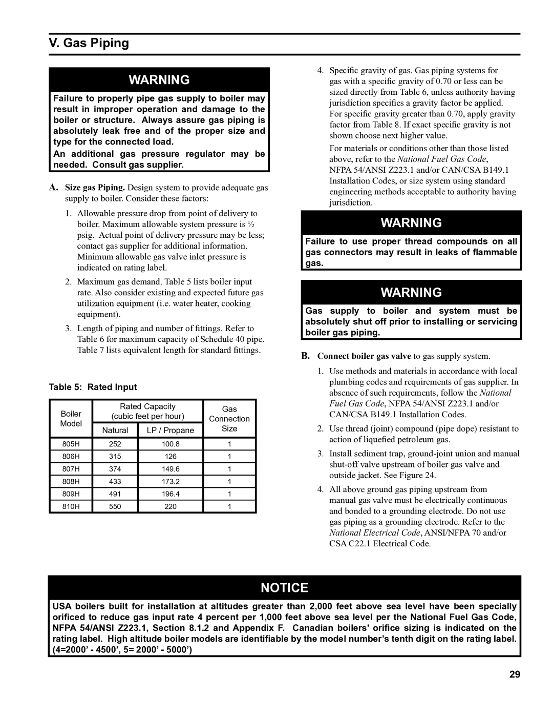 Burnham 8H manual Gas Piping, Rated Input, Connect boiler gas valve to gas supply system 