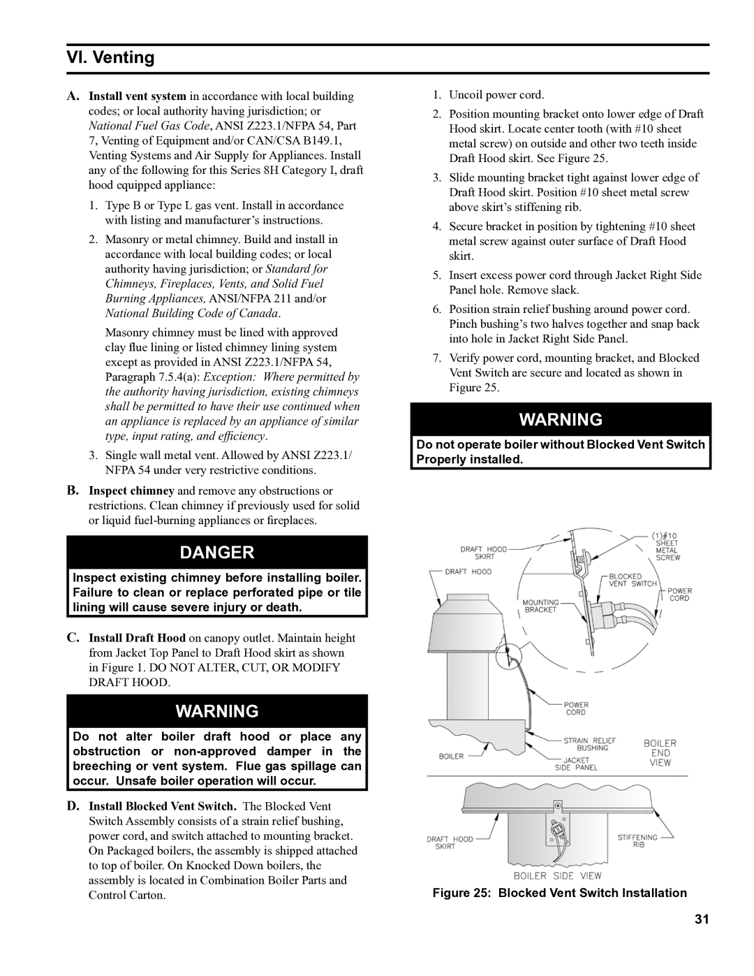 Burnham 8H manual VI. Venting, Blocked Vent Switch Installation 