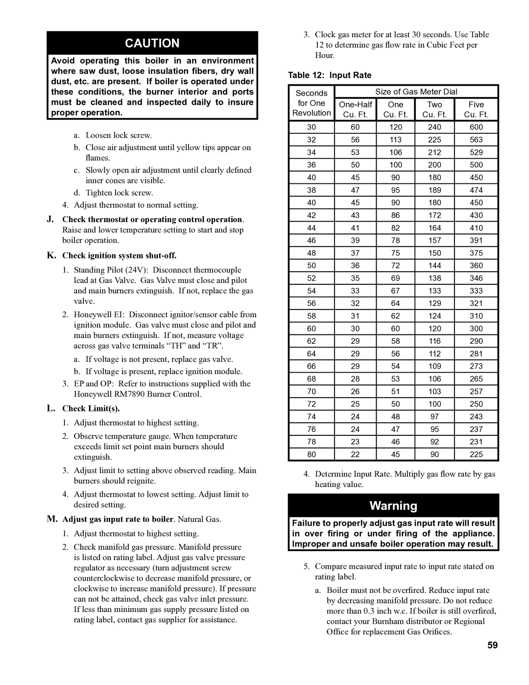 Burnham 8H manual Check Limits, Adjust gas input rate to boiler. Natural Gas, Input Rate 