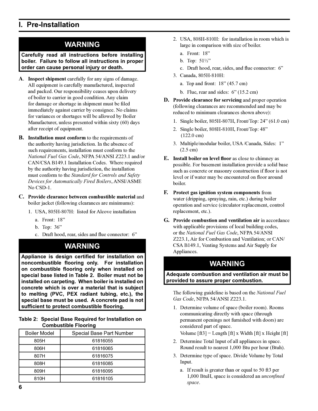 Burnham 8H manual Pre-Installation, Boiler Model Special Base Part Number 