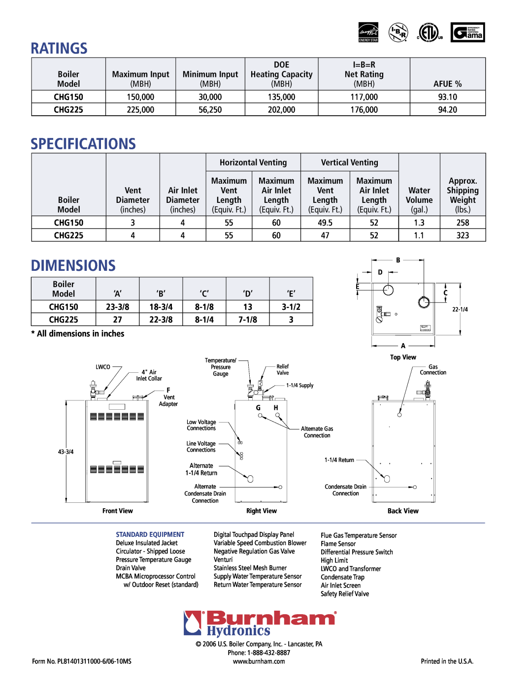 Burnham `A' `B' `C' `D' `E manual Ratings, Dimensions, Specifications 