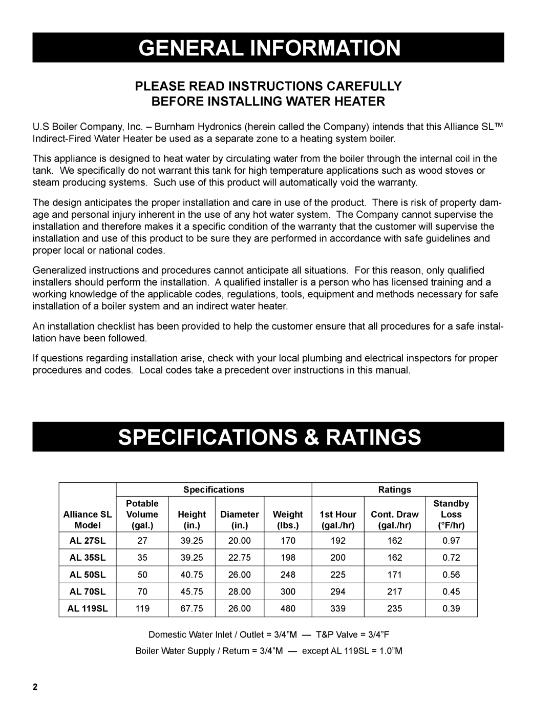 Burnham AL SL warranty General Information, Specifications & Ratings 