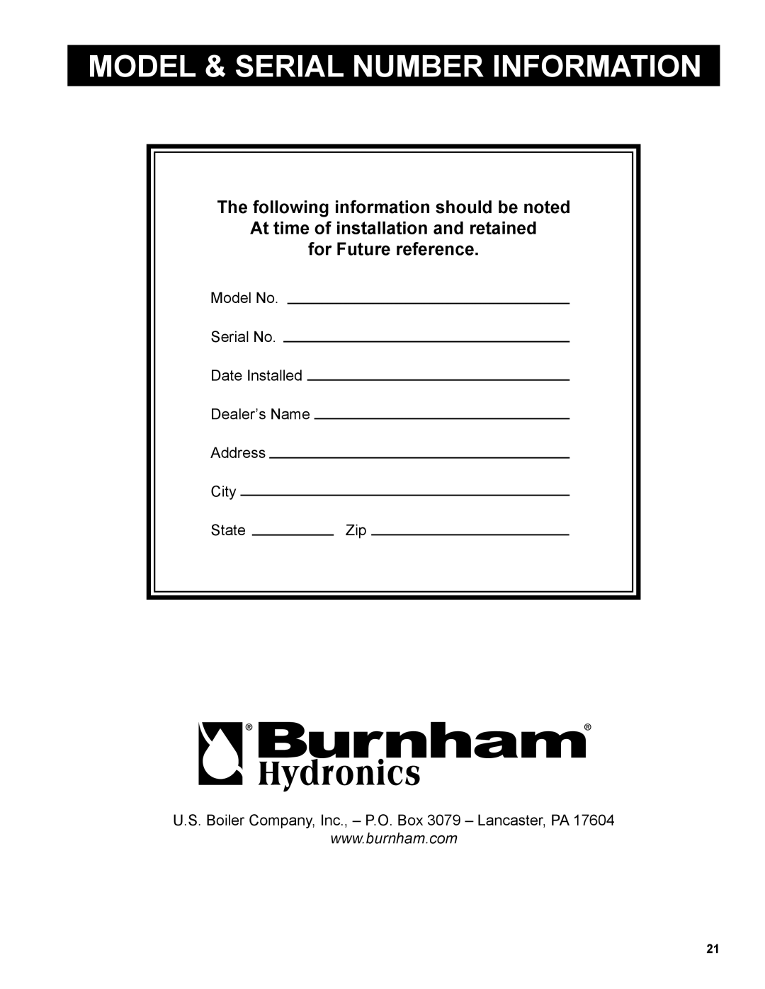 Burnham AL SL warranty Model & Serial Number Information 