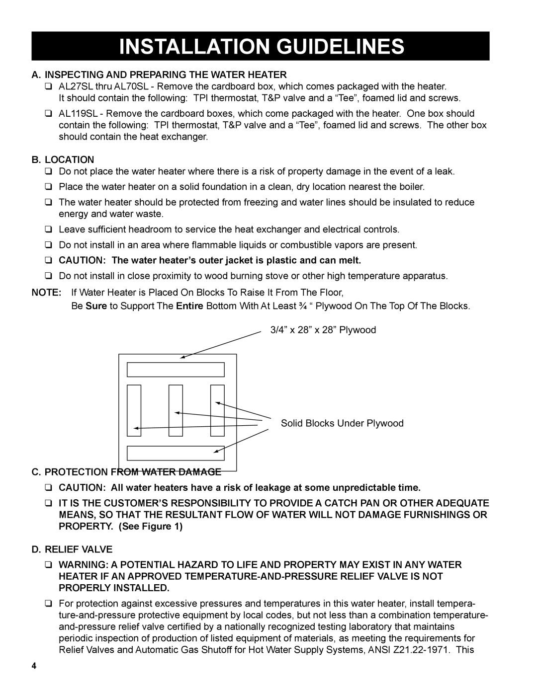 Burnham AL SL Installation Guidelines, Inspecting and Preparing the Water Heater, Location, Protection from Water Damage 