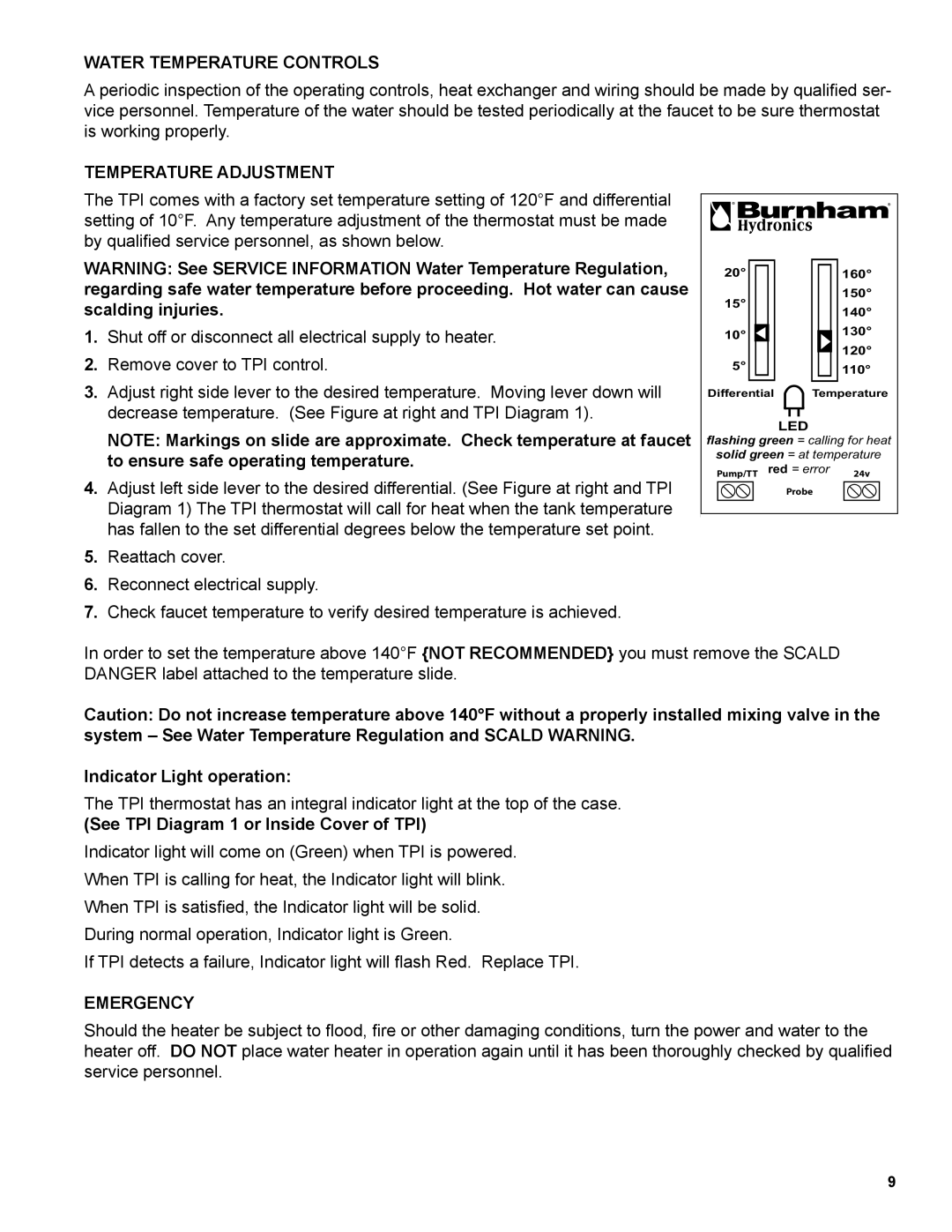 Burnham AL SL warranty Water Temperature Controls, Temperature Adjustment, Emergency 