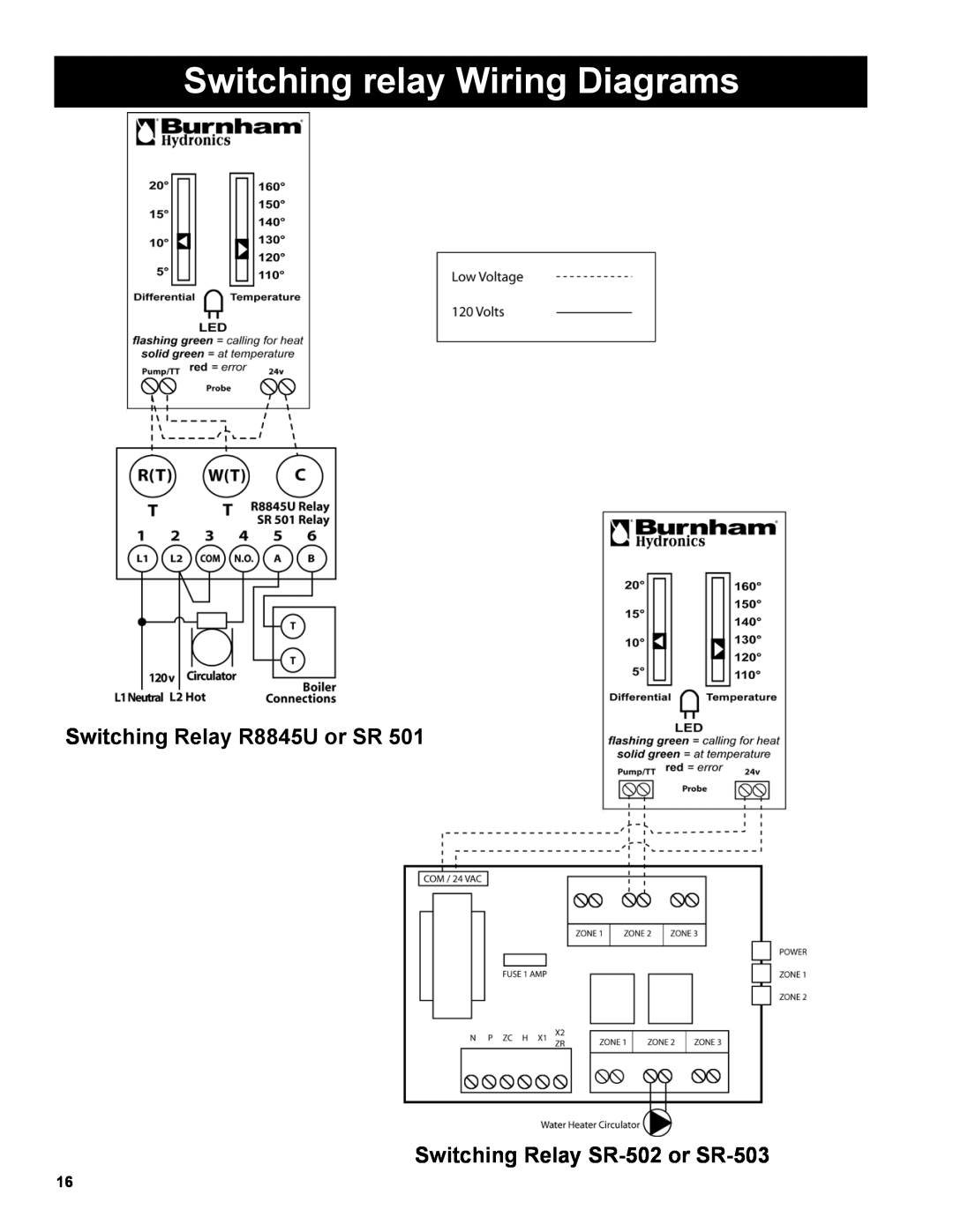 Burnham AL SL warranty Switching relay Wiring Diagrams, Switching Relay R8845U or SR, Switching Relay SR-502or SR-503 