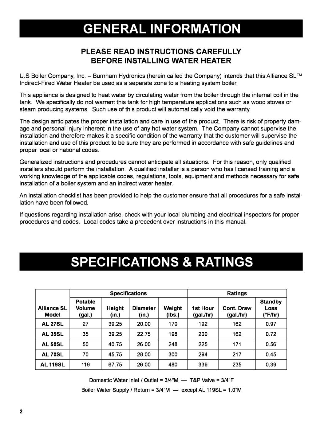 Burnham AL SL warranty General Information, Specifications & Ratings, Please Read Instructions Carefully 