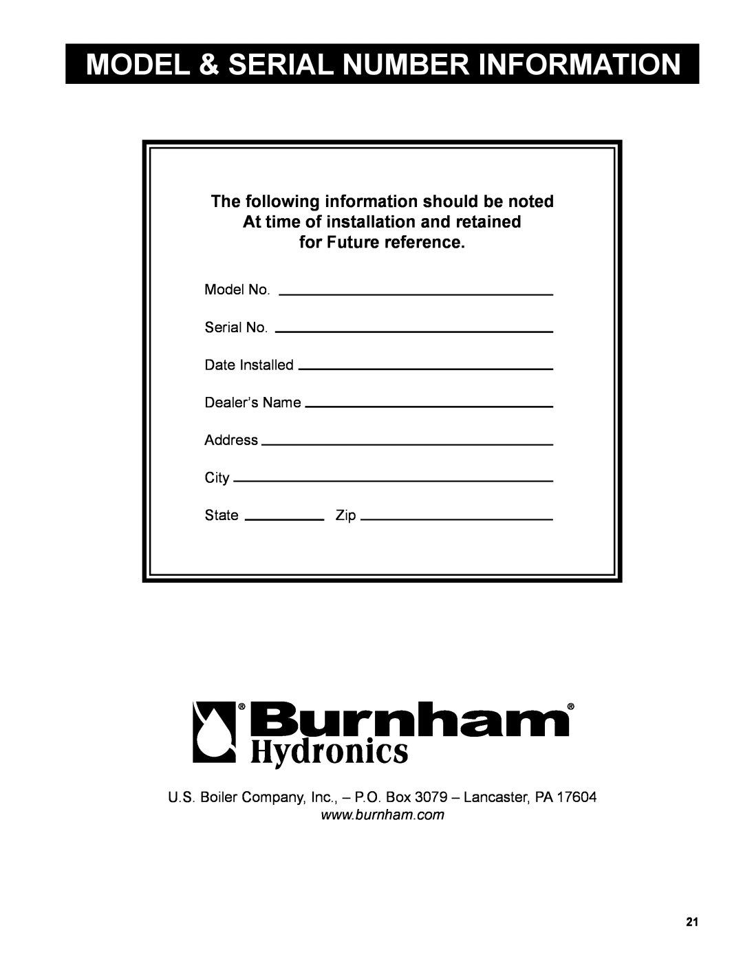 Burnham AL SL warranty Model & Serial Number Information, The following information should be noted, for Future reference 