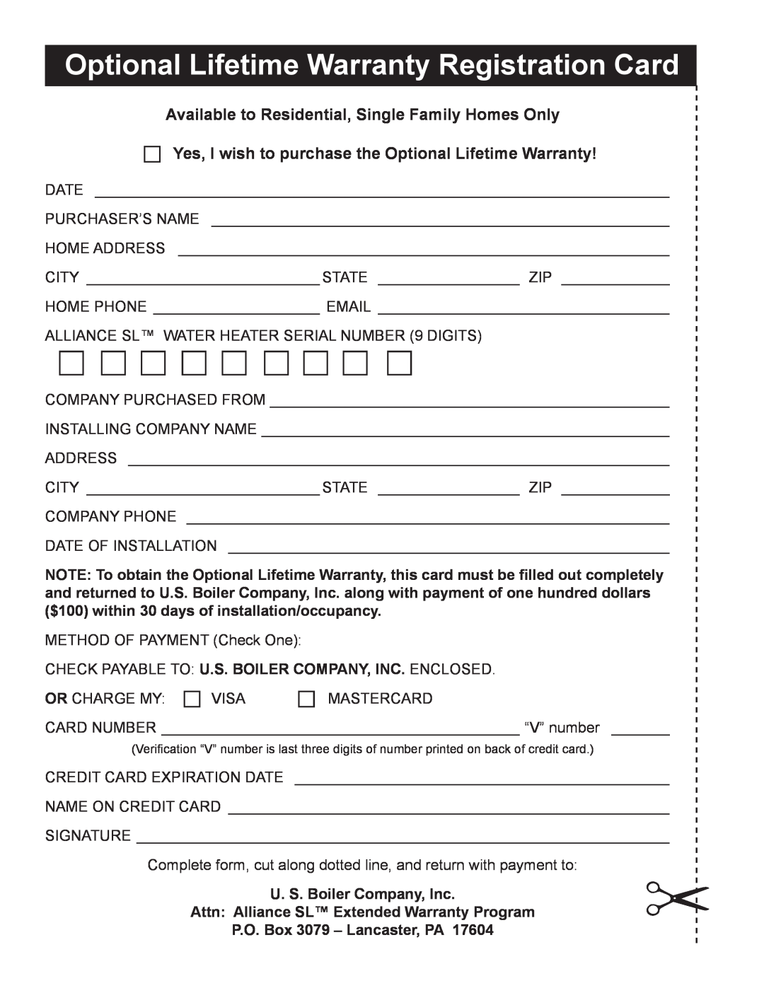 Burnham AL SL Optional Lifetime Warranty Registration Card, U. S. Boiler Company, Inc, P.O. Box 3079 - Lancaster, PA 