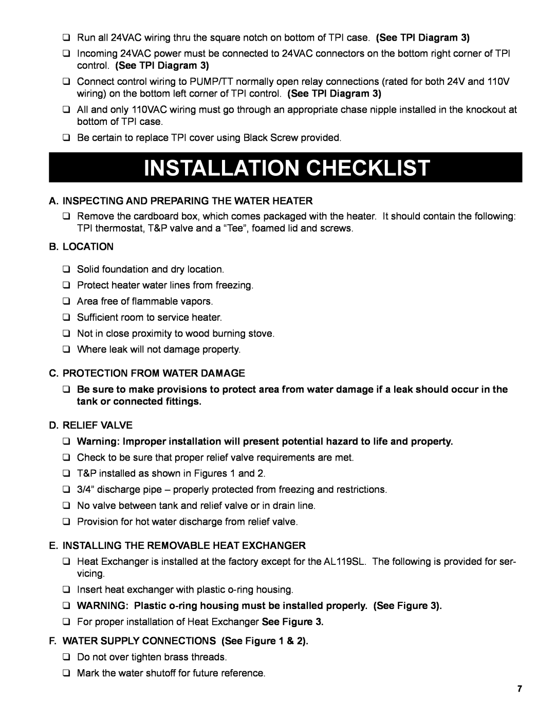 Burnham AL SL warranty Installation Checklist, A.Inspecting And Preparing The Water Heater, B.Location, D.Relief Valve 