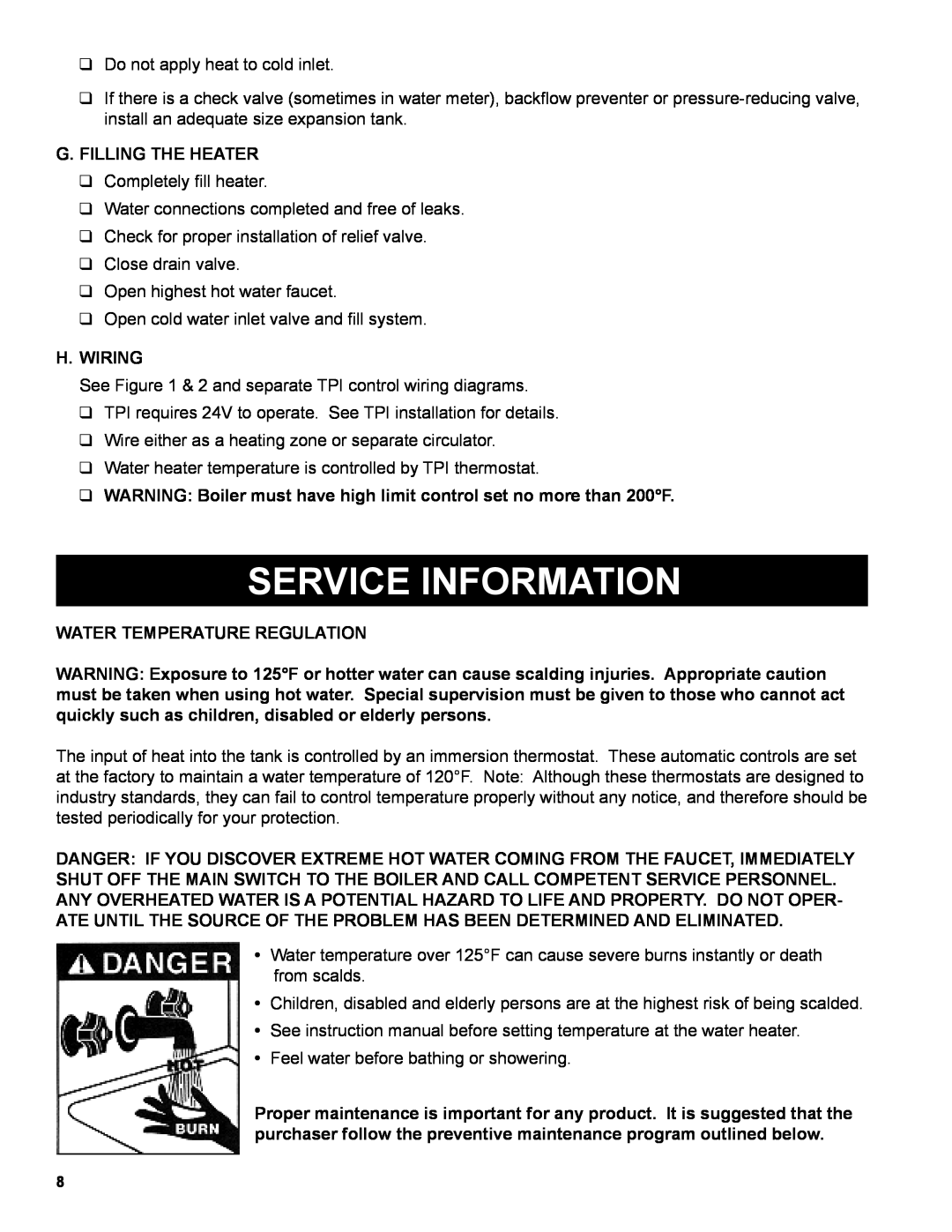 Burnham AL SL warranty Service Information, G.Filling The Heater, H.Wiring, Water Temperature Regulation 