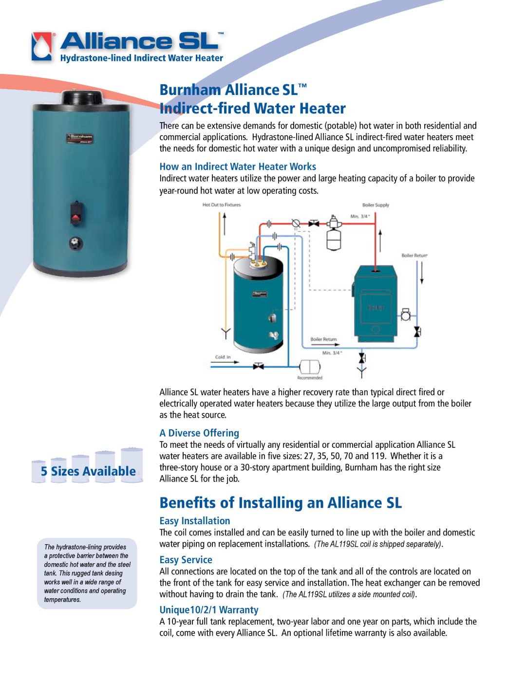 Burnham AL119SL warranty Burnham Alliance SL Indirect-fired Water Heater, Benefits of Installing an Alliance SL 