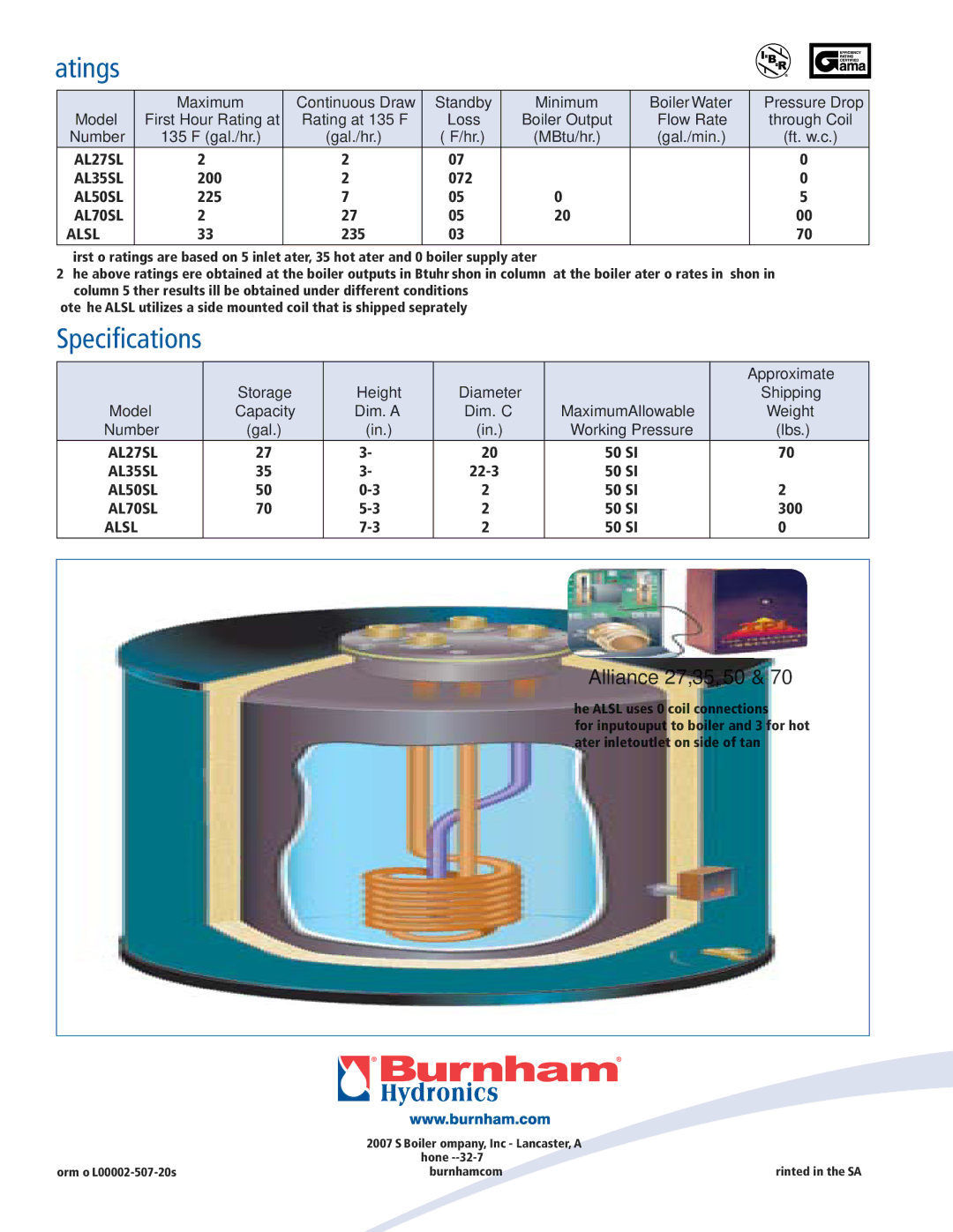 Burnham AL119SL warranty Ratings, Specifications 