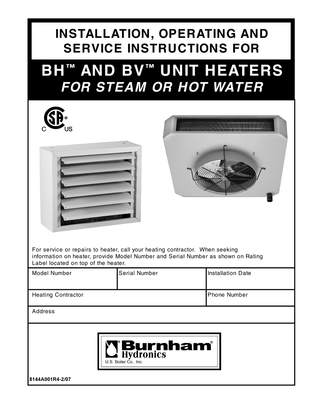 Burnham manual BH and BV Unit Heaters, 8144A001R4-2/07 