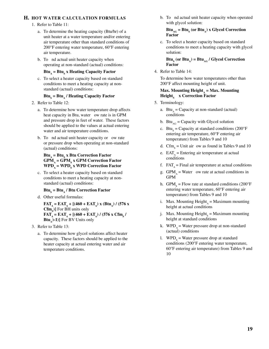 Burnham BV, BH manual HOT Water Calculation Formulas, BtuAG = BtuS or BtuA x Glycol Correction Factor 