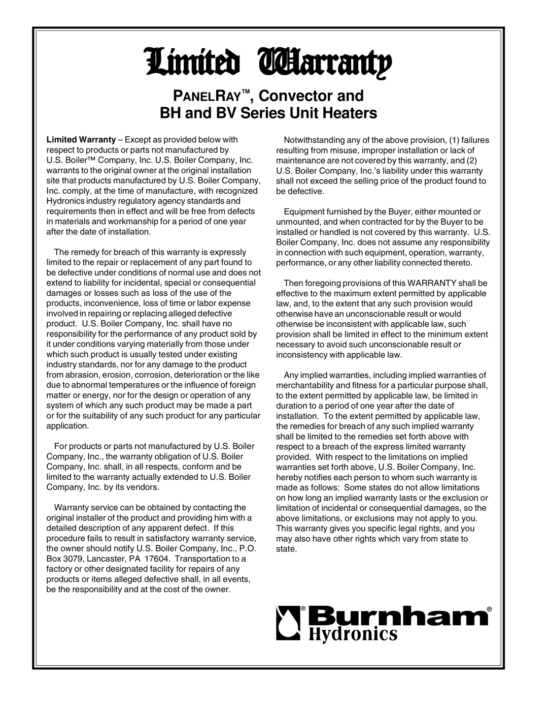 Burnham BH, BV manual Limited Warranty 