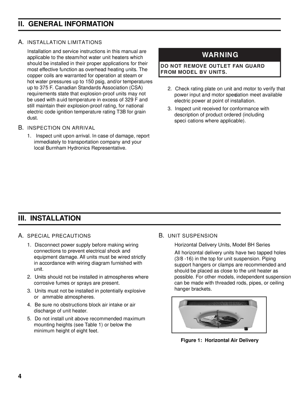 Burnham BH, BV manual II. General Information, III. Installation 